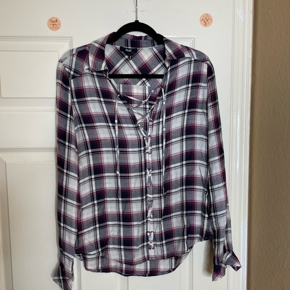 PAIGE Women's Button Up Tie Front Kieran Top Blouse Plaid Gray/Red Size Small   - Picture 8 of 13